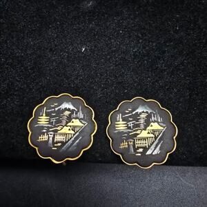 Amita Japan Damascene Screw Back Earrings Vintage Gold Tone Black